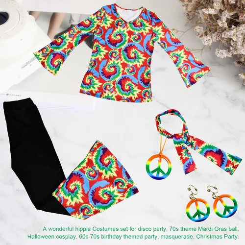 Vista 5 de 6 piezas de disfraces hippie de los años 70 para mujer, disfraz de discoteca, disfraz de fiesta de los años 60, aretes de los años 70, collar
