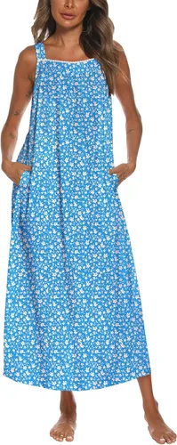 Vista 19 de YOZLY Camisones de algodón para mujer con bordado, sin mangas, con bolsillos S-XXXL