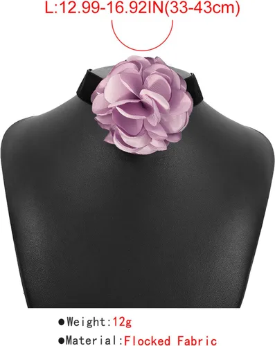 Vista 6 de Gargantilla bohemia de terciopelo negro con flor de rosa púrpura 3D y collar floral de satén, collar de flores grandes exageradas para regalos