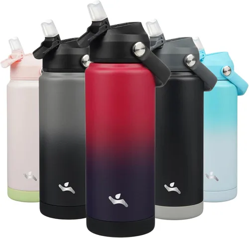 Vista 26 de Konokyo Botella de agua aislada con tapa de pajilla, botella de metal al vacío de acero inoxidable de 18 onzas con mango de silicona, color negro