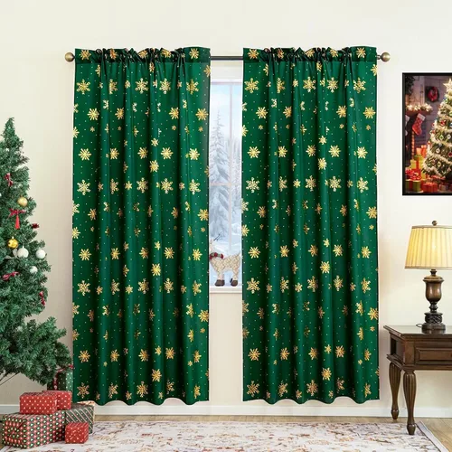 Vista 12 de Cortinas navideñas para sala de estar, cortinas de lujo con estampado de copos de nieve, cortinas de ventana con bolsillo para barra, cortinas