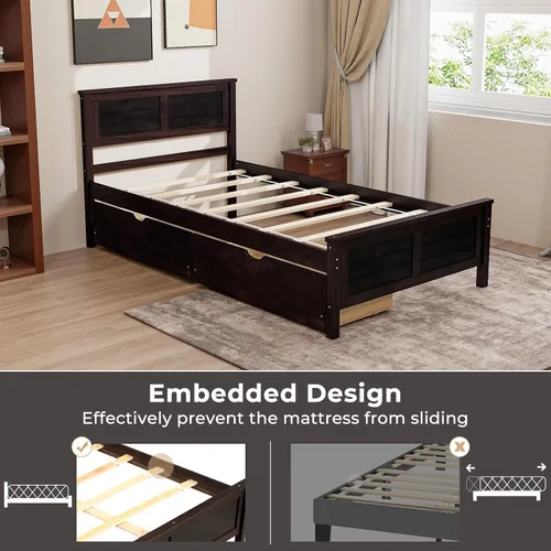 Vista 6 de Giantex Cama individual de madera con 2 cajones de almacenamiento, plataforma de madera maciza con cabecero, base de colchón de soporte de listones