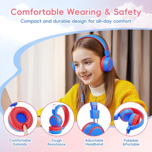 Vista 5 de KVIDIO Auriculares con cable para niños, volumen seguro de 85/94 dB, sobre la oreja con micrófono integrado, aislamiento de ruido, ajustable