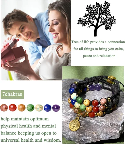 Vista 5 de Pulseras de cuentas de chakras para mujer, 0.315 in, 7 chakras, pulsera curativa con piedras reales, joyería de piedras preciosas para meditación