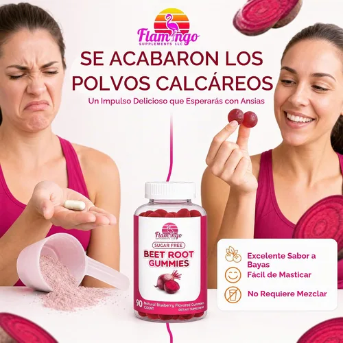 Vista 5 de Flamingo Supplements Gomitas de raíz de remolacha de óxido nítrico sin azúcar, masticables de raíz de remolacha para rendimiento atlético, refuerzo