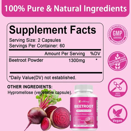 Vista 2 de Cápsulas de remolacha 120 unidades, cápsulas de polvo de remolacha pura 60 días de suministro Suplemento natural y vegano 1300mg por porción