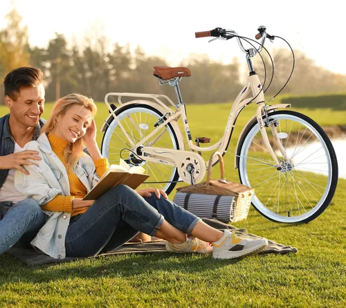 Vista 5 de MEGHNA Beach Cruiser Bike Low Step - Through 24 inch/26 inch Bike Elegant Lady Bike V - Brake 7 Speed Cruiser Bike with Rear Rack Bell for Girls