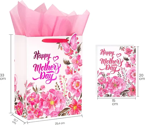 Vista 7 de LeZakaa Bolsa de regalo para el día de la madre, letras del día de la madre, diseño floral rosa, mariposa y papel de aluminio rosa, bolsa de regalo