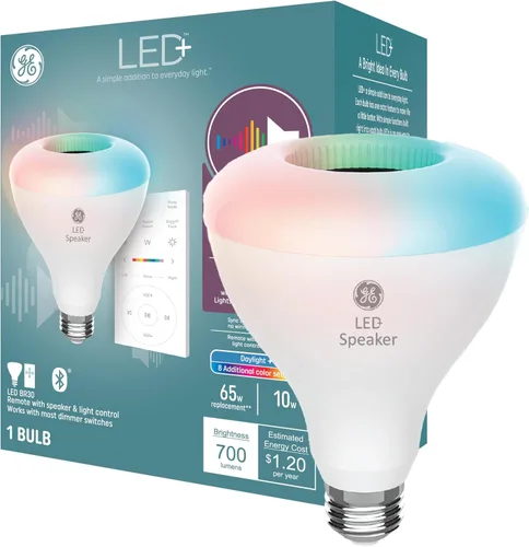 Vista 13 de GE LED+ A21 Bombilla LED, Luz LED Interior con Cambio de Color, Altavoz Inalámbrico Bluetooth con Control Remoto, 9W, Multicolor y Blanco Cálido