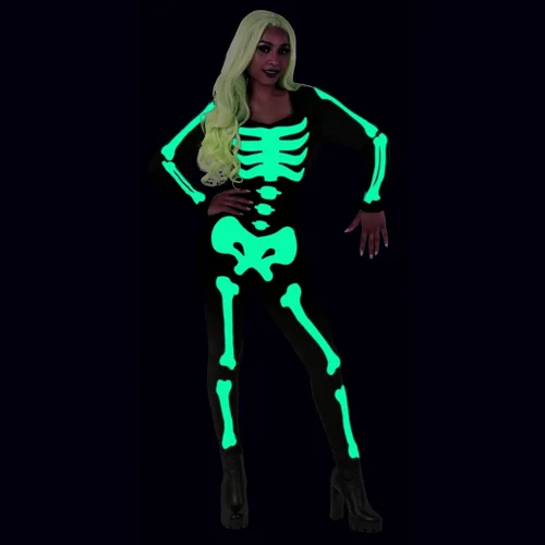 Vista 6 de Morph Disfraz de esqueleto que brilla en la oscuridad para mujer, disfraz de esqueleto de Halloween, body de esqueleto para mujer