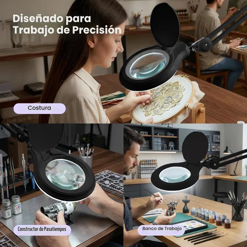 Vista 6 de Neatfi Lámpara de aumento bifocal LED de 1,200 lúmenes, lente de vidrio de 5 pulgadas, aumento doble 2.25X/6X, regulable, brazo ajustable con Negro