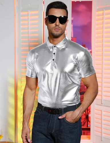 Vista 4 de TURETRENDY Camisa de discoteca de los años 70 para hombre, con lentejuelas brillantes, manga corta, para fiesta, polo hipster, discoteca, baile