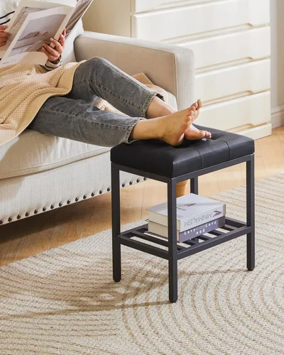 Vista 5 de IBUYKE Taburete de maquillaje rectangular con pies ajustables y espacio de almacenamiento, silla reposapiés, asiento de tocador de PU, multiusos