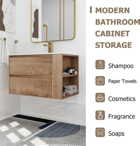 Vista 6 de SSLine Moderno tocador de baño flotante de 30 pulgadas con lavabo montado en la pared con lavabo superior y 2 cajones y estante abierto, armario