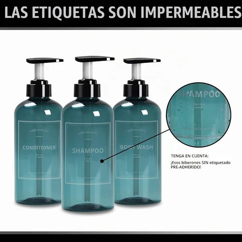 Vista 2 de Botellas de champú con bomba, 3 unidades, 16.9 onzas, color azul Azul transparente