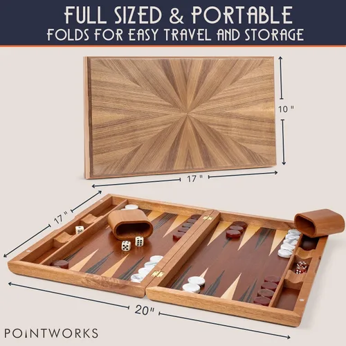 Vista 3 de Pointworks Juegos de backgammon de 17 pulgadas para adultos. Hermoso juego de mesa de backgammon con incrustaciones de madera con damas y dados