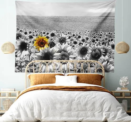 Vista 5 de Lunarable Tapiz moderno, campo de girasol, blanco y negro, una sola flor amarilla, paisaje, individualidad, decoración de tela para colgar