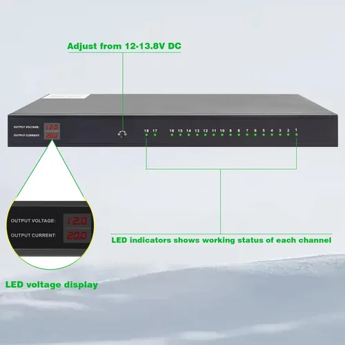 Vista 9 de Fuente de alimentación de montaje en rack de 1U 12V 20A de 18 canales - Salida de CC distribuida de 12 V 3-5 A con fusible de reinicio, cable de CA