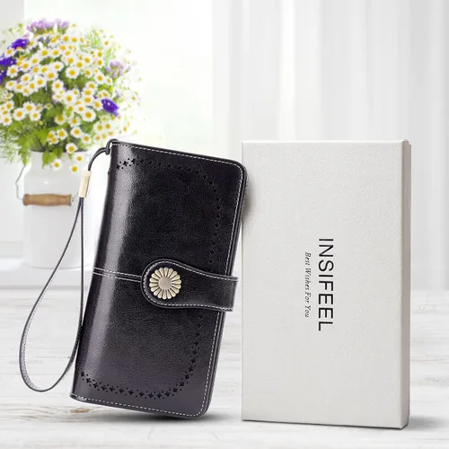 Vista 7 de INSIFEEL Carteras para mujer de gran capacidad con protección RFID monedero de cuero genuino Negro Retro