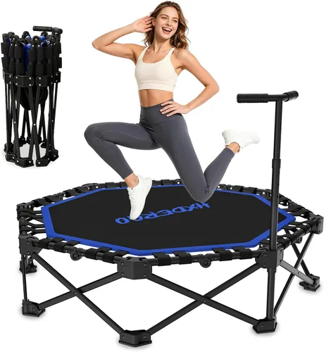Vista 10 de HXD-ERGO - Minitrampolín plegable de 42 pulgadas, cama elástica con mango de espuma ajustable, trampolín de fitness para interiores, exteriores Azul