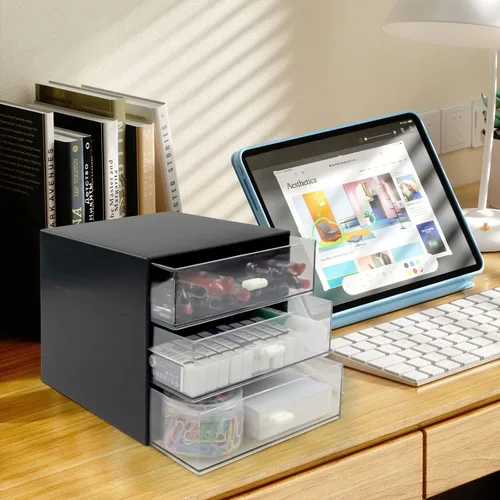 Vista 7 de Organizador de escritorio con cajón, caja de almacenamiento de escritorio, organizadores de suministros de papelería de oficina de plástico