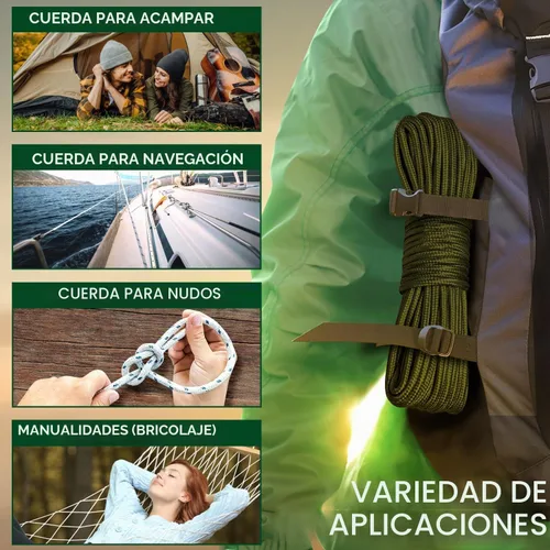 Vista 5 de TECEUM Cuerda – 90 pies x 1/4 pulgada (7mm) – Verde Ejército – Cuerda Utilitaria Versátil y Resistente – Acampada, Artesanía, Asta de Bandera