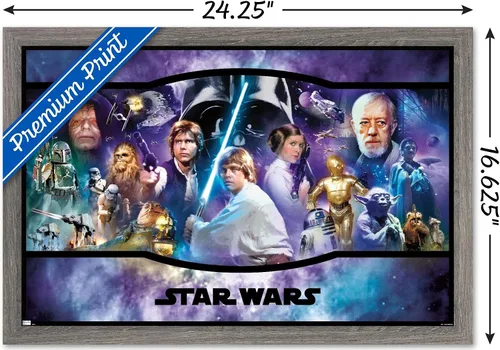Vista 3 de Star Wars: Original Trilogy - Póster de pared con bandera, 22.4 pulgadas de largo x 14.7 pulgadas de ancho, versión enmarcada de madera de granero