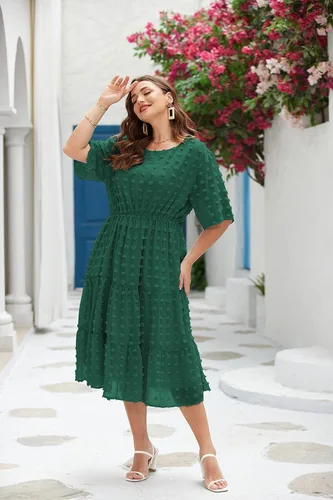 Vista 4 de IN'VOLAND Vestido de gasa con lunares suizos para mujer, talla grande, de gasa, de manga corta, cintura alta, acampanado, con volantes, vestido midi
