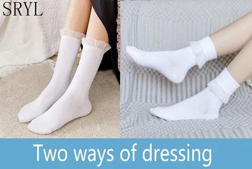 Vista 2 de SRYL YYS09 - Calcetines de tobillo para mujer, con encaje, con volantes, cómodos, de algodón, para mujer, niña, princesa