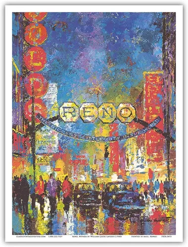 Vista 9 de Reno Nevada - The Biggest Little City in the World - Casinos - Vintage Travel Poster by Jack Laycox c.1980s - Master Art Print (Unframed) 6in x 9in
