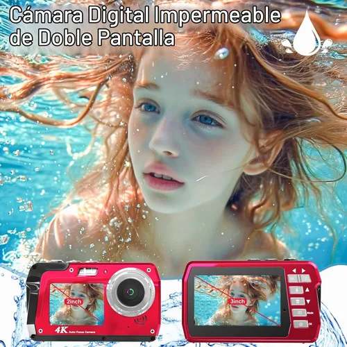 Vista 3 de Cámara digital subacuática 4K 48MP impermeable con tarjeta de 32 GB, selfie de doble pantalla (frontal y trasera), buceo de 10 pies/3M