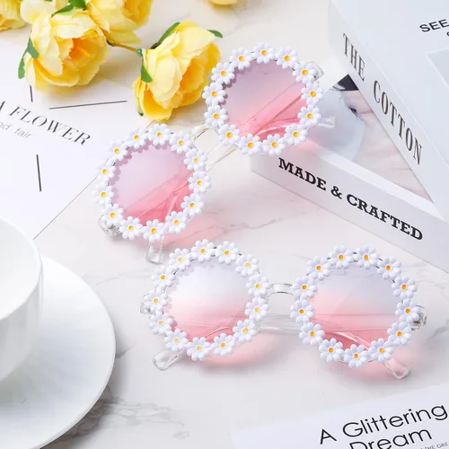 Vista 5 de 2 pares de lentes de sol de margarita para mujer, gafas redondas de flores para adultos y niños, decoración con gafas de tela bolsa de franela