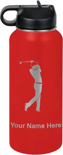 Vista 32 de LaserGram Botella de agua personalizada, golfista de golf, acero inoxidable de doble pared aislada al vacío con popote superior, regalo grabado Negro