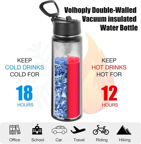 Vista 3 de Volhoply Botellas de agua aisladas con popote a granel, paquete de 4, botella deportiva de acero inoxidable de 22 onzas con tapa con asa, tazas