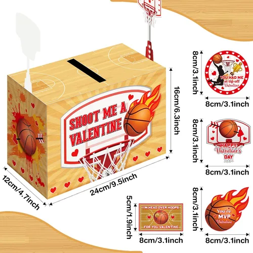 Vista 2 de Geyee Cajas de San Valentín de baloncesto con 4 tarjetas diferentes para intercambio de oficina, fiesta, 1 buzón, 16 tarjetas, 2 touchdown