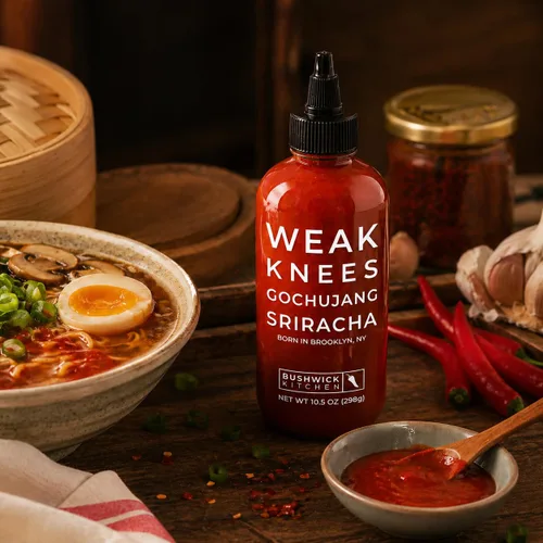 Vista 5 de Salsa Picante Weak Knees Gochujang Sriracha, Infundida con Pasta Gochujang Coreana Audaz y Sriracha Picante Clásica, Hecha en EE.UU., Botella