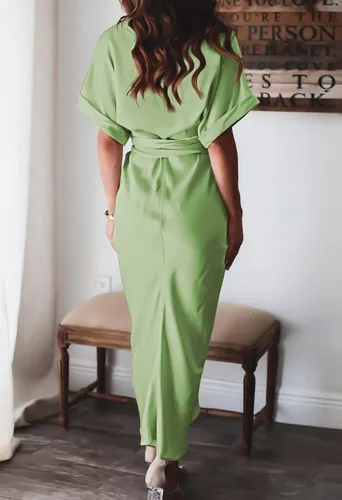 Vista 7 de Vestido largo camisero de manga corta con botones y cinturón para mujer, elegante, de satén