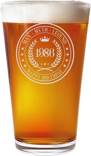 Vista 8 de Spotted Dog Company Vaso de pinta grabado vintage de 1986 de 16 onzas – Regalos de feliz cumpleaños 40 para hombres y mujeres, saludos a cumplir 40