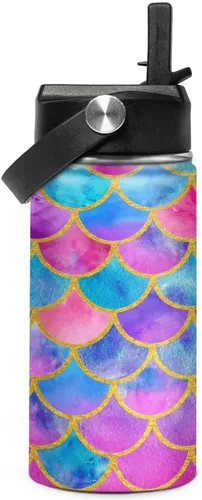 Vista 8 de SANDJEST Botella de agua para niños con tapa con pajilla, botellas de agua de acero inoxidable con aislamiento del alfabeto de 12 onzas para niños