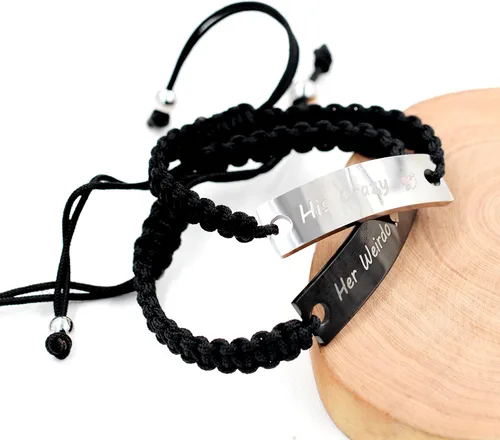 Vista 5 de 1 par de pulseras trenzadas Hademade para parejas, pulseras para hombres y mujeres grabadas con "I Love You 3000, God Gave Me You, His Crazy Her