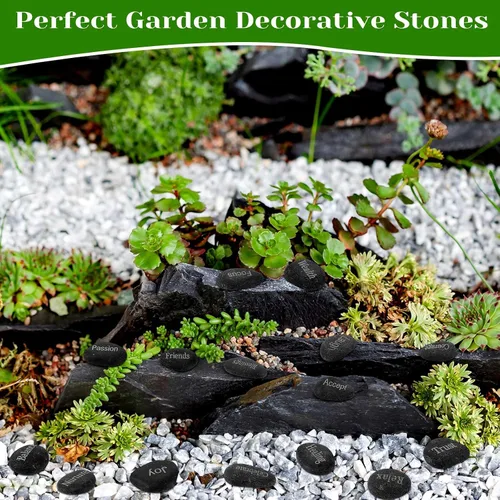 Vista 6 de Fabbay 40 piezas de rocas inspiradoras grabadas, piedras de aliento con palabras, juego de piedra natural de río a granel para decoración de jardín