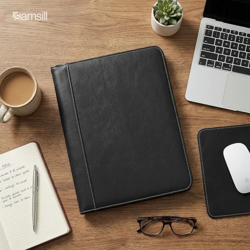 Vista 10 de Samsill Portafolio de piel sintética con puntada de contraste, portafolio de negocios para hombres y mujeres, organizador de documentos y currículo