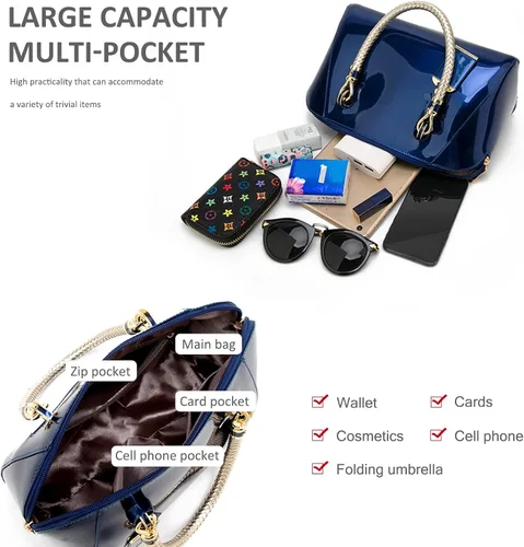 Vista 4 de NICOLE & DORIS Bolsos de mano para mujer, bolsos de mano de charol con asa superior, elegantes bolsos de noche, bolsos de hombro pequeños