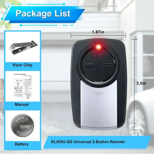 Vista 6 de KLIK5U-SS - Control remoto universal de 2 botones para abridor de puerta de garaje Chamberlain LiftMaster Craftsman, sin llave