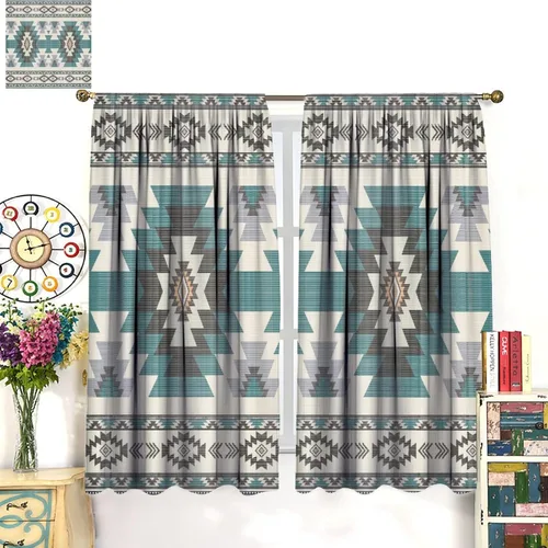 Vista 239 de Cortinas con patrón geométrico tribal, estilo suroeste, azteca, rústico, occidental, nativo americano, opacas, con bolsillo para barra, decoración
