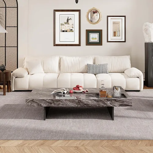 Vista 7 de Mesa auxiliar rectangular de mármol de 51.18 pulgadas, parte superior de piedra sinterizada gris moderna con base de metal negro, mesa central