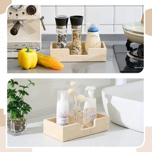 Vista 5 de Beeveer Servilletero de travertino natural de 9.8 x 4.9 x 2.4 pulgadas, bandeja desechable para toallas de invitados, cesta de mano de papel