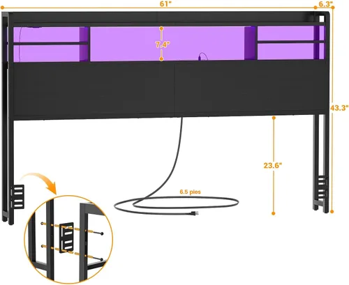 Vista 3 de Aheaplus Cabecero para cama tamaño Queen con almacenamiento, cabeceros con luz LED, tomas de corriente, puertos USB, tamaño Queen, cabecero