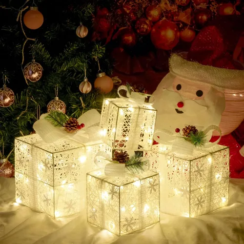 Vista 7 de COVFEVER Cajas de Regalo Iluminadas de Navidad, Juego de 4 Cajas de Regalo con Luces Preinstaladas, Juego de Cajas de Regalo Iluminadas que