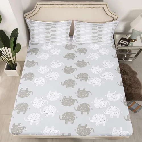 Vista 8 de Castle Fairy Kawaii - Sábana bajera ajustable tamaño individual, diseño de elefante blanco y gris, suave y lujoso, juego de sábanas de dibujos
